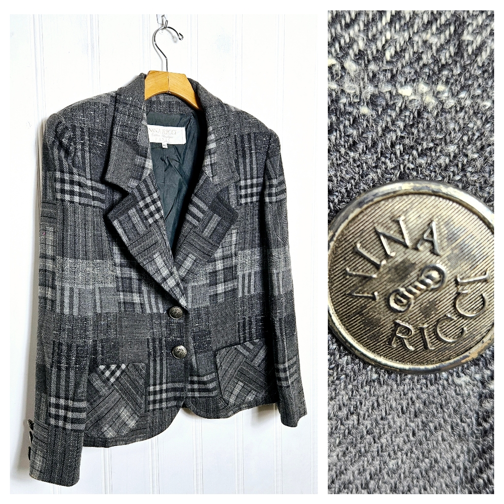 Nina Ricci Wool Tweed Blazer 42 Gray Patchwork Double Button France